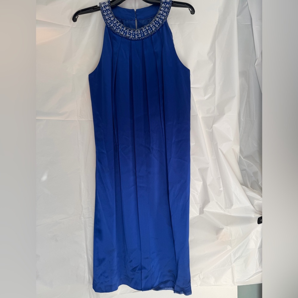Jones New York Sleeveless Cobalt Blue Pleated Midi Dress with jewelled collar